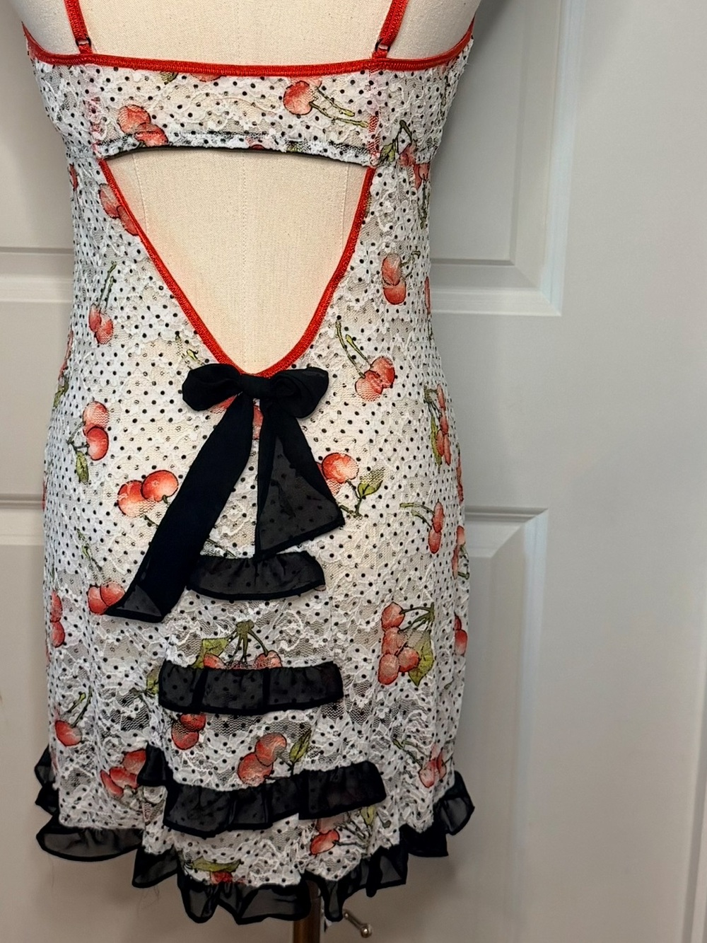 Vintage In Bloom by Jonquil Cherry Polka Dot Ruffle Open Back Sheer Slip Dress